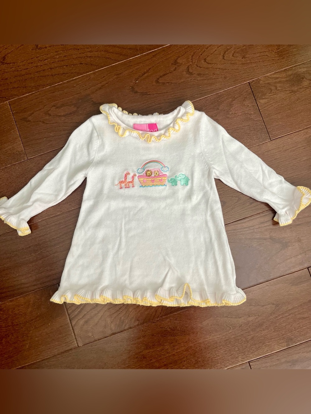 White Baby Sweater Dress with Yellow Trim and Pastel Noah's Ark Embroidery